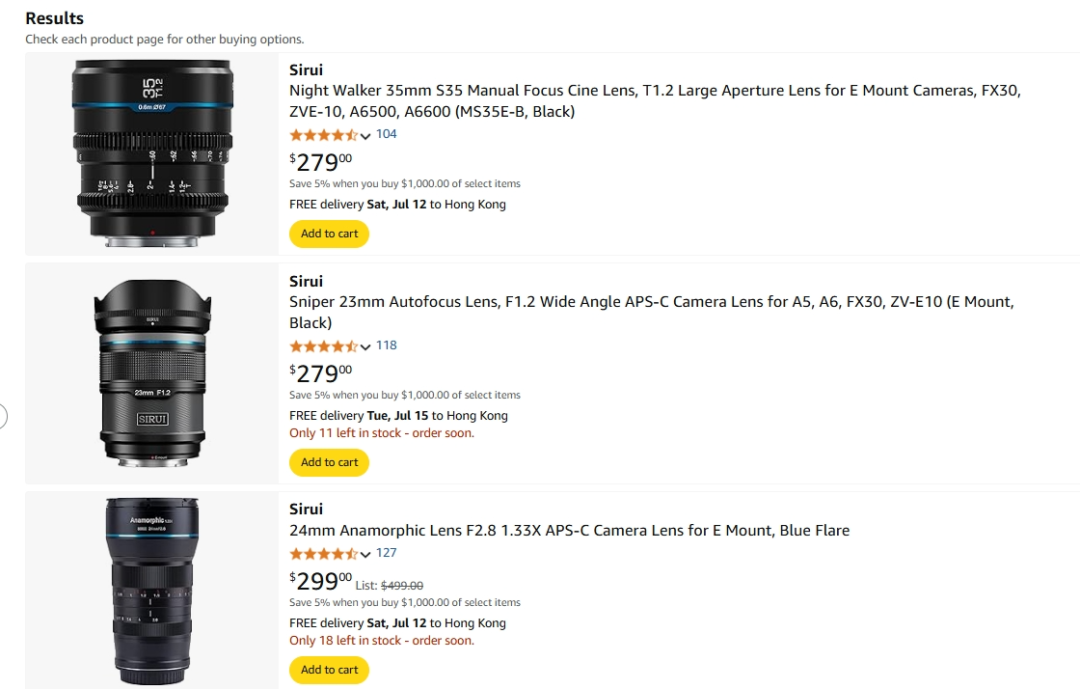 思锐光学在亚马逊上的产品