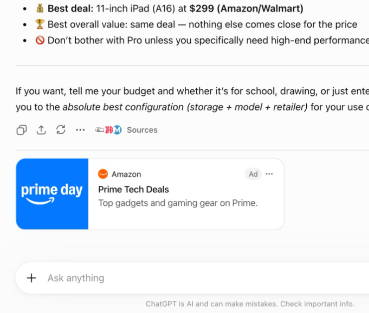 ChatGPT 上的 Prime Day 广告屏幕截图
