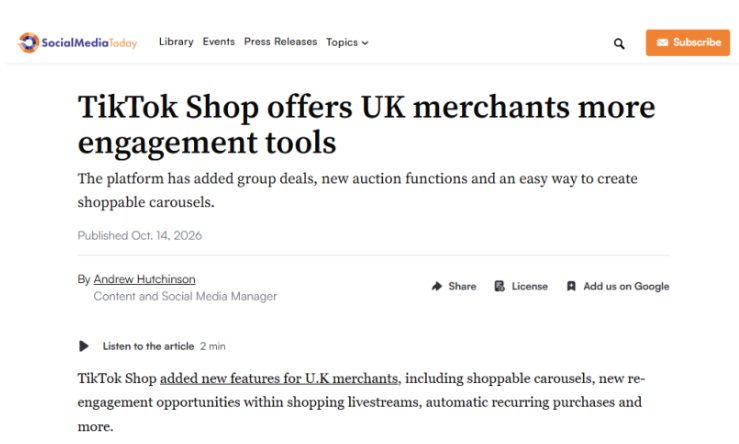 TikTok Shop英国站更新多项功能,图片带货、直播促销和广告投放迎来新玩法